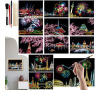 VLYX Arte Rasca para Adultos y Niños - Kit de 12 Notas Arcoíris con Herramientas de Rascado, Materiales Creativos para Arte Infantil y Adulto (Serie Fuegos Artificiales)