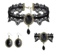 VLYX Collar ajustable gótico steampunk victoriano con pulsera y pendientes, Encaje de terciopelo negro para mujer, Disfraz para fiesta formal (Negro