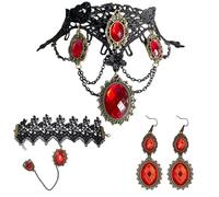 VLYX Conjunto de Collar Gótico Steampunk Victoriano Ajustable con Pulsera y Pendientes de Encaje de Terciopelo Negro para Mujer Traje de Fiesta Formal (Rojo)