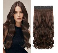 VLYX Extensiones de cabello ondulado One Piece con clip, 24 pulgadas, sintético, 150g, 5 clips, media/cabeza completa para mujer (Marrón Oscuro)