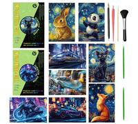 VLYX Kit de Arte Rasca y Dibuja Arcoíris, Conjunto de 8 Bloques con Herramientas de Estilo, Patrones de Animales y Motos, Materiales Artísticos para Niños y Adultos