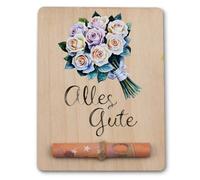 VmG-Store Embalaje para regalos de dinero, placa de madera, 12 x 9 cm, con cuerda, certificado de regalo de madera, regalo para niños, mujeres, hombres (05 Alles Gute)