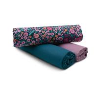 VmG-Store Juego de tejido de algodón de 1,5 m, tejido de diseño + 2 colores lisos, 100 % algodón, selección de materiales (Digital Flower Dark Petrol, set 82)