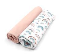 VmG-Store Juego de tela de jersey, diseño a juego + Uni de 0,5 x 1,5 m, 95 % algodón, 5 % elastano, Tex Standard 100 (arco iris pastel blanco + juego de malva claro)