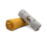 VmG-Store Juego de tela de jersey, diseño a juego + Uni de 0,5 x 1,5 m, 95 % algodón, 5 % elastano, Tex Standard 100 (dinosaurio acuático gris jaspeado + Rib Ochre Set05)