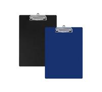 Vmoomax Portapapeles de plástico A4, 2 unidades, color azul y negro, con clip de metal y gancho oculto para colgar, tablero de clip impermeable duradero para oficina, escuela, visualización de menú