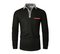 VMSUCIJ Polo Hombre Premium Manga Larga con Contraste de Color Elegante Estilo Elegante Camisa Deportiva con Bolsillo Real,Negro,3XL