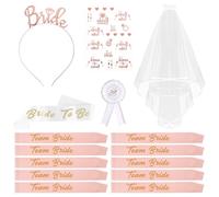 VMUTGA 15 Piezas Despedida de Soltera Accesorios, Bride to Be Decoración Novia to Be y Team Bride Fajas Set Velo Diadema Tiara Insignia Tatuajes Complementos para Boda Fiesta Despedidas de Soltero