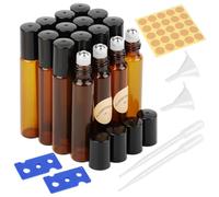 VMUTGA 16 Piezas Botellas Roll On Cristal, 10ml Marrón Botellas Rollon para Aceites Esenciales Rellenable Vidrio Botellas de Rodillos con Bola de Acero Inoxidable para Perfumes Aromaterapia Masajes