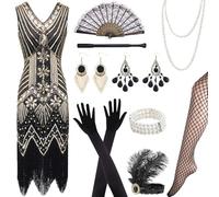 Vmxlso Disfraz Años 20 Mujer, Disfraz Charleston Mujer con Accesorios Años 20 Mujer, Vestido Años 20 Mujer en V Vintage 1920s Para Mujer Fiesta Disfraz Carnaval