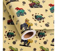 Vnaaem Rollo de papel de regalo de cumpleaños para niños con líneas de corte en la parte posterior, 17 pulgadas x 32.8 pies, diseño de camión monstruo de dinosaurio para niños, cumpleaños, baby