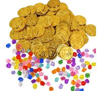 Vninkul 100 Piezas Monedas de Oro Piratas Juguetes y 100 Piezas Gemas Piratas del Tesoro,Monedas y Gemas de Juguete para Búsqueda del Tesoro para Decoración Pirata,Fiestas,Cumpleaños de los Niños