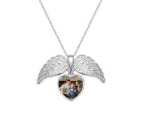 VNLCPX Collar Foto Corazón Medallones de Plata 925, Collar Personalizado con Alas de ángel, Medallón para Abrir con Foto, para Mujeres Mamá y Esposa, Superficie Engastada con Diamantes