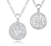 VNOX Medalla de San Benito Plateada - Collar Religioso Elegante para Hombre y Mujer, Colgante Redondo de Protección Espiritual, Amuleto de Fe, Regalo Bautismo Comunión Confirmación