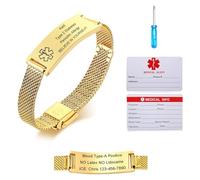 VNOX Personalizable Pulseras para Hombres Médica : Mujeres y Niños, Ajustable, Acero Inoxidable, Pulsera de Identificación Médica de Emergencia, Grabado Pulseras, Oro
