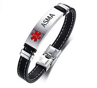 VNOX Pulsera Brazalete de Alerta de Identificación Médica SOS de Cuero Genuino de Acero Inoxidable,Grabado ASMA