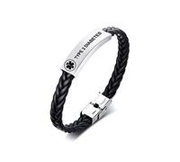 VNOX Pulsera de alerta médica personalizada de acero inoxidable de piel con estrella de la vida, pulsera de cuero médica para hombres y mujeres, 21,5 cm, ajustable, 21.5 cm, Diabetes tipo 2