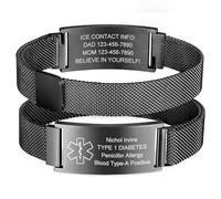 VNOX Pulseras para Hombres Personalizable Médica: Mujeres y Niños, Ajustable, Acero Inoxidable, Pulsera de Identificación Médica de Emergencia, Grabado Pulseras, Negro, Plata