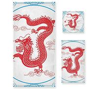 Vnurnrn Dragón Chino Rojo Juego de Toallas para Baño Playa Toalla (1 Toalla de Baño y 1 Toalla de Mano y 1 Paño de Lavado) para Nadar Niñas Niños