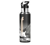Vnurnrn Regalo Rock Roll Guitarra Música Botella de Agua Deportiva con Pajita Acero Inoxidable, 600ML Botellas Termica Sin BPA para Niños Deporte Gimnasio Ciclismo Escuela