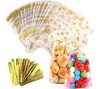 Voarge 100 bolsas de suelo con estrellas doradas OPP, 14 x 23 cm, bolsas para violonchelo con corbatas giratorias, bolsas de suelo, bolsas para galletas para palillos de piruletas, bodas, regalos