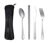 Vocdikficy Juego de 4 Piezas de Vajilla Portátil de Acero Inoxidable, Cuchara, Tenedor, Cuchillo para Carne, Cubiertos de Viaje, Vajilla con Bolsa Negra