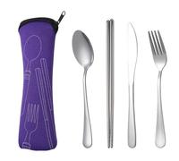 Vocdikficy Juego de 4 Piezas de Vajilla Portátil de Acero Inoxidable, Cuchara, Tenedor, Cuchillo para Carne, Cubiertos de Viaje, Vajilla con Bolsa Púrpura