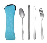 Vocdikficy Juego de 4 Piezas de Vajilla Portátil de Acero Inoxidable, Cuchara, Tenedor, Cuchillo para Carne, Cubiertos de Viaje, Vajilla con Bolsa, Azul