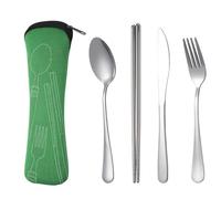 Vocdikficy Juego de 4 Piezas de Vajilla Portátil de Acero Inoxidable, Cuchara, Tenedor, Cuchillo para Carne, Cubiertos de Viaje, Vajilla con Bolsa Verde