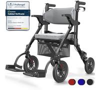 VOCIC Andador 2 en 1 Andadore para anciano mayores con asiento,Silla transporte Andador plegable ligero, Aluminio ajustable en altura para exteriores y viajes,Negro obsidiana(5 años de garantía)