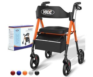 VOCIC andador para ancianos,Andadores adulto aluminio ligero con asiento,Rollator plegable para todos los terrenos,Asiento regulable en altura,Para uso exterior e interior,Naranja| 5 años de garantía