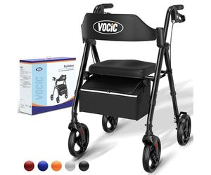 VOCIC andador para ancianos,Andadores adulto de aluminio ligero con asiento,Rollator plegable para todos los terrenos,Asiento regulable en altura,Para uso exterior e interior,Negro| 5 años de garantía