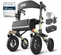 VOCIC Andador para ancianos,Andadores adultos con cesta y asiento &4 ruedas | Z52 Andador plegable ligero, Todo terreno, Aluminio ajustable en altura para exteriores y viajes, Champán (5 años Support)