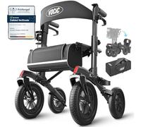 VOCIC Andador para ancianos,Andadores adultos con cesta y asiento &4 ruedas | Z52 Andador plegable ligero, Todo terreno, Aluminio ajustable en altura para exteriores y viajes, Negro (5 años Support)