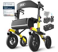 VOCIC Andador para ancianos,Andadores adultos con cesta y asiento &4 ruedas | Z52 Andador plegable ligero, Todo terreno, Aluminio ajustable en altura para exteriores y viajes, Amarillo (5 años Support)