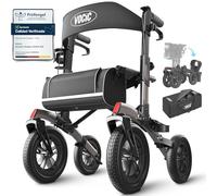 VOCIC Andador para ancianos,Andadores adultos con cesta y asiento &4 ruedas | Z52 Andador plegable ligero, Todo terreno, Aluminio ajustable en altura para exteriores y viajes, Gris (5 años Support)