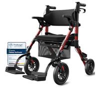 VOCIC Z51 Andador Silla de rueda 2 en 1, Andadore para ancianos con asiento | Silla transporte Andadores adultos plegable ligero, Aluminio ajustable en altura para exteriores y viajes, Todo terreno,Rojo