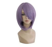 VOCOSTE Humano Cabello Pelucas para Mujeres, 14" Púrpura Pelucas con Peluca Gorra Inclinado Flequillo Hombro Largo Cabello