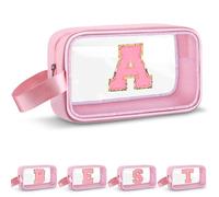 Vodolo Bolsa de maquillaje con inicial, bonita bolsa de viaje transparente con monograma para mujeres y niñas, bolsa organizadora de maquillaje estética rosa personalizada para playa, bolsa de aseo