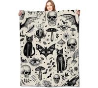 VODRM Manta gótica Espeluznante gótica de Gatos, Calaveras y murciélagos Negros, Regalos para niñas, niños y Adultos, Ligera, Suave, acogedora para sofá, Cama, habitación, Viajes, cumpleaños