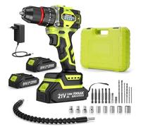 VOERJIA - Taladro atornillador inalámbrico de 21 V, taladro de percusión sin escobillas de 60 Nm, 2 baterías de 2000 mAh, 21+3 pares de torque, portabrocas de 10 mm, 2 velocidades, LED, 29 accesorios