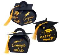Voeveca 50 cajas de regalo de gorra de graduación, cajas de dulces con borlas, centros de mesa, decoraciones de graduación de clase de 2025 (oro negro)