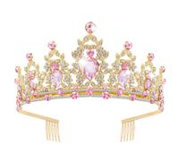 Vofler Princess Crown, Gold Tiaras with Peach Pink Crystal for Mermaid Rapunzel Tangled Costume Queen Women Bride Ladies Girls Birthday Wedding Pagean