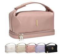 Vogewood Bolsa de maquillaje con inicial personalizada con asa, bolsa de cosméticos impermeable de doble capa, bolsas de maquillaje de piel sintética de gran capacidad, bolsa de aseo de viaje con