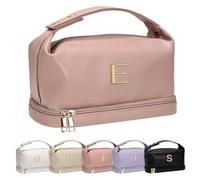 Vogewood Bolsa de maquillaje con inicial personalizada con asa, bolsa de cosméticos impermeable de doble capa, bolsas de maquillaje de piel sintética de gran capacidad, bolsa de aseo de viaje con