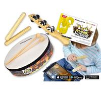 Voggenreiter - Set de percusión para niños a partir de 6 años, incluye aplicación de software de aprendizaje Rhythmic Village para smartphone, tablet y ordenador (tambor de mano + 2 palos, 2 barras de sonido, sonajero)