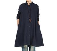 Vogstyle Mujer de Algodón de Otoño de Lino Full Front Button Shirt Dress con Bolsillos CY012 Armada XXL