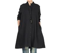 Vogstyle Mujer de Algodón de Otoño de Lino Full Front Button Shirt Dress con Bolsillos CY012 Negro Real XL