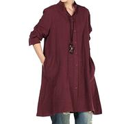 Vogstyle Mujer de Algodón de Otoño de Lino Full Front Button Shirt Dress con Bolsillos CY012 Rojo M