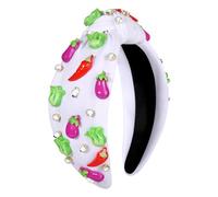 VOGUEKNOCK Diademas de frutas para mujeres y niñas, berenjena, verde, chile, verduras, diadema anudada para verano, playa, accesorios para el cabello (vegetal-blanco)